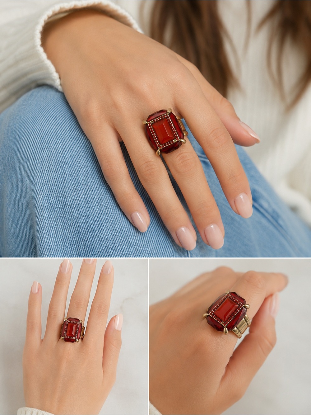 Statement Stretch Ring Ruby Red Faceted Resin Faux Coral Gold Tone Adjustable